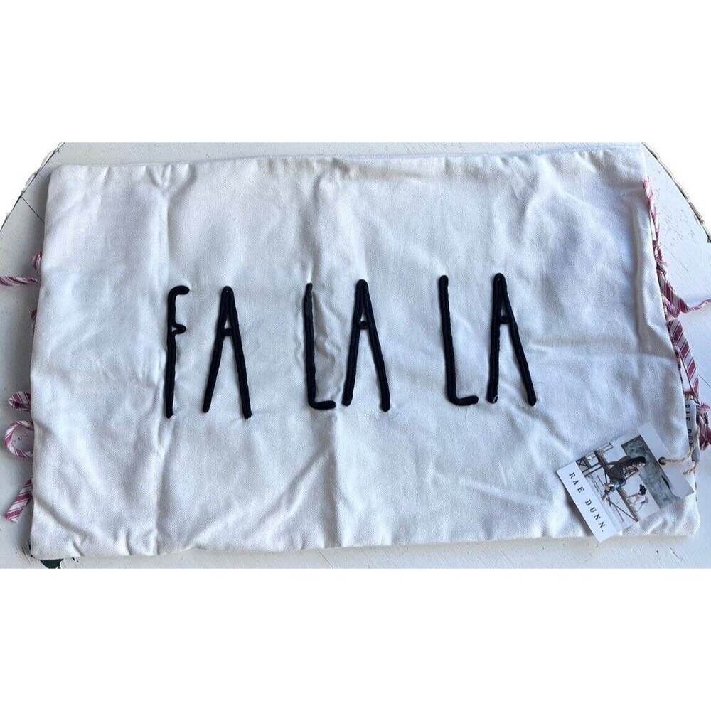 NWT Rae Dunn Pillow Cover Christmas Throw Fa La La Red White Ticking 12x21